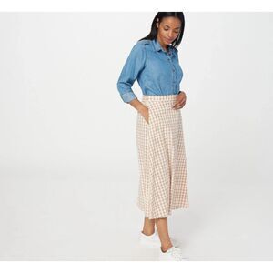 Issac Mizrahi Live! Skirt 22WP Women's Beige White Gingham Print Pull On Midi